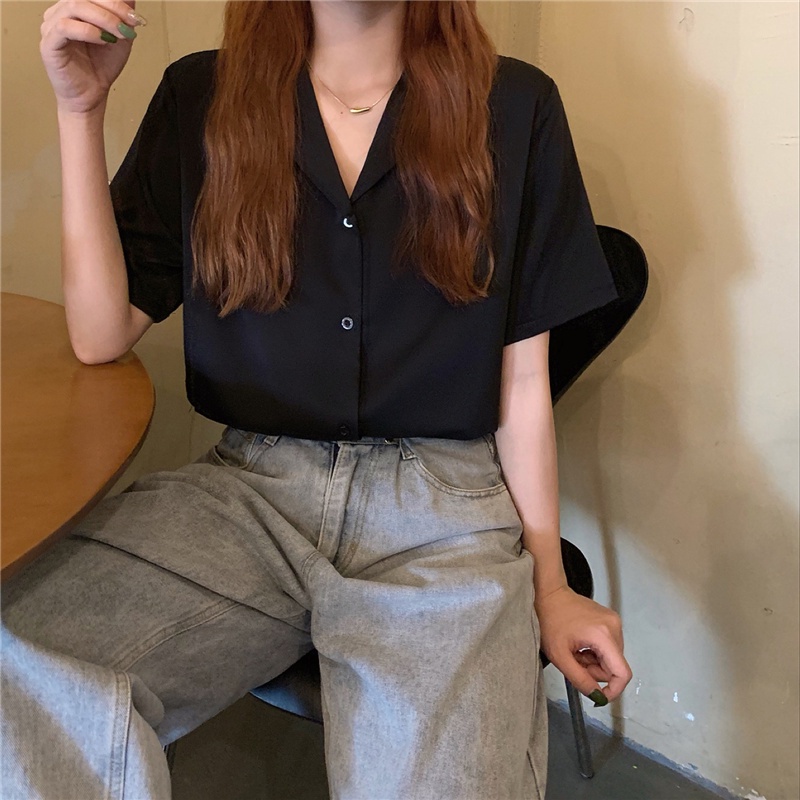 Áo sơ mi nữ tay ngắn màu đen - taobao có sẵn