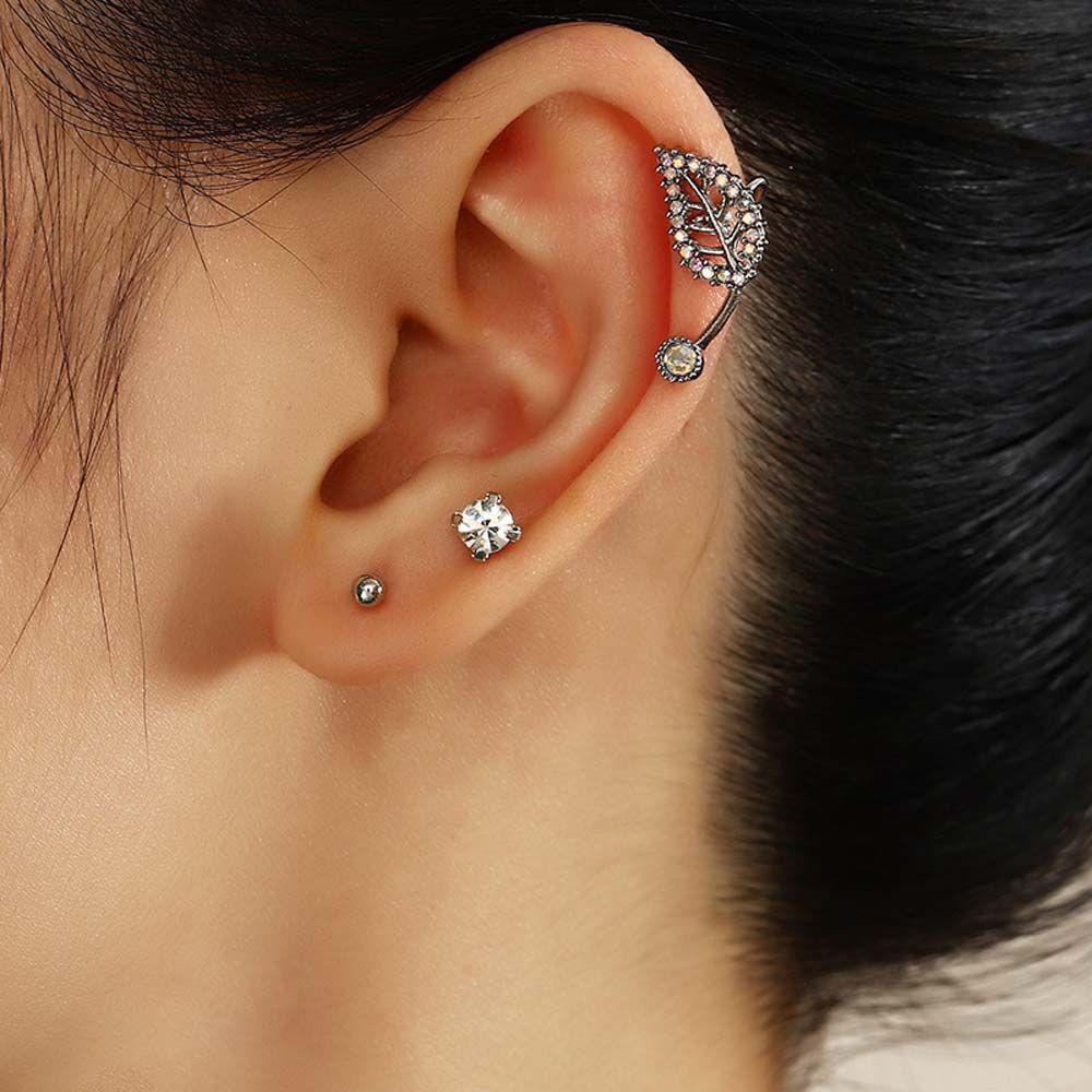 Bông Tai Hình Chiếc Lá Đính Đá Thời Trang Dành Cho Nữ|Khuyên Kẹp Vành Tai