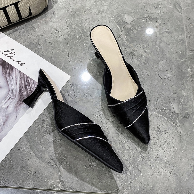 Giày Cao Gót Mũi Nhọn Đính Đá Pha Lê Màu Xanh Lá/Đen Thời Trang Cho Nữ