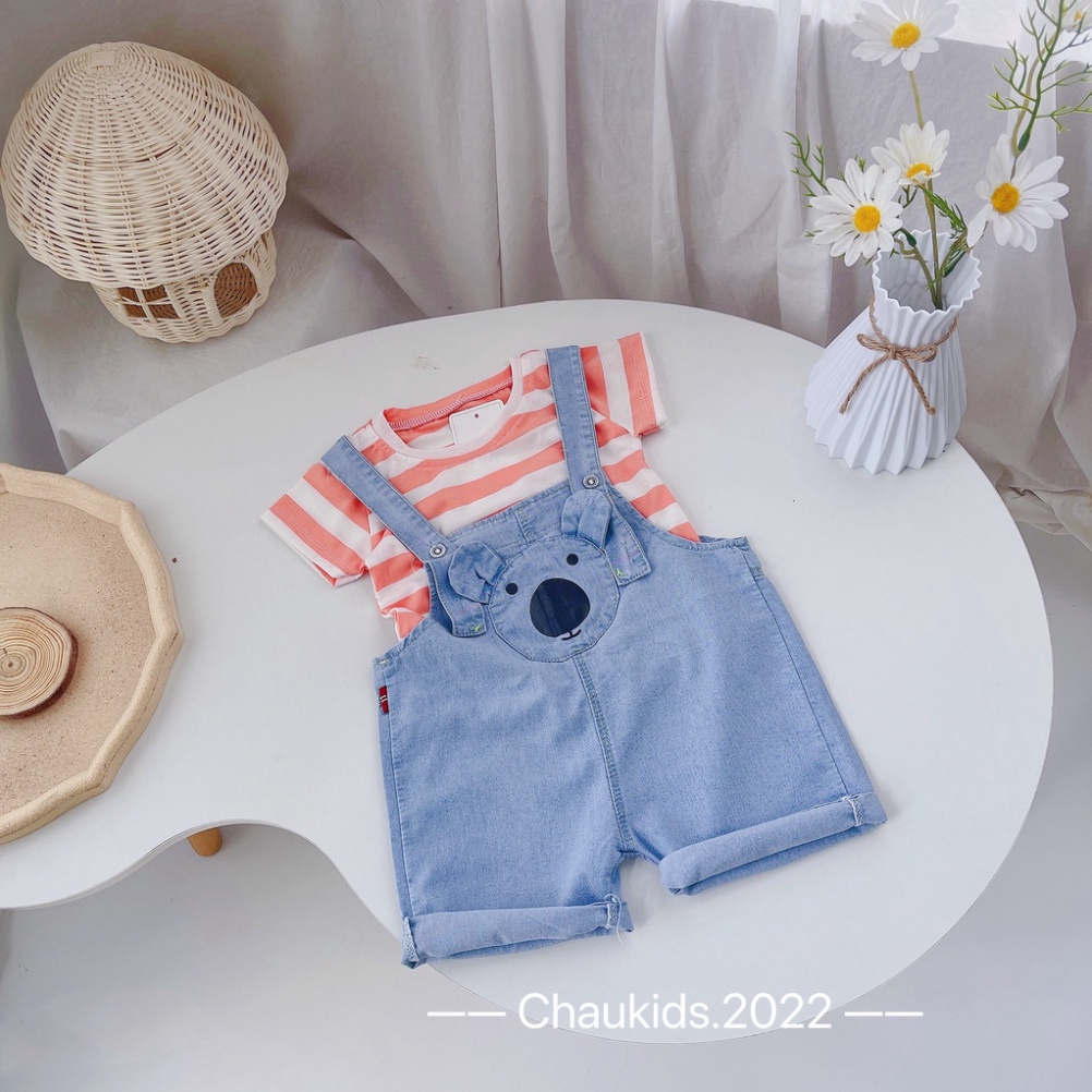 Sét yếm quần kèm áo thun bé trai, yếm bò mũi đen kèm áo kẻ cho bé