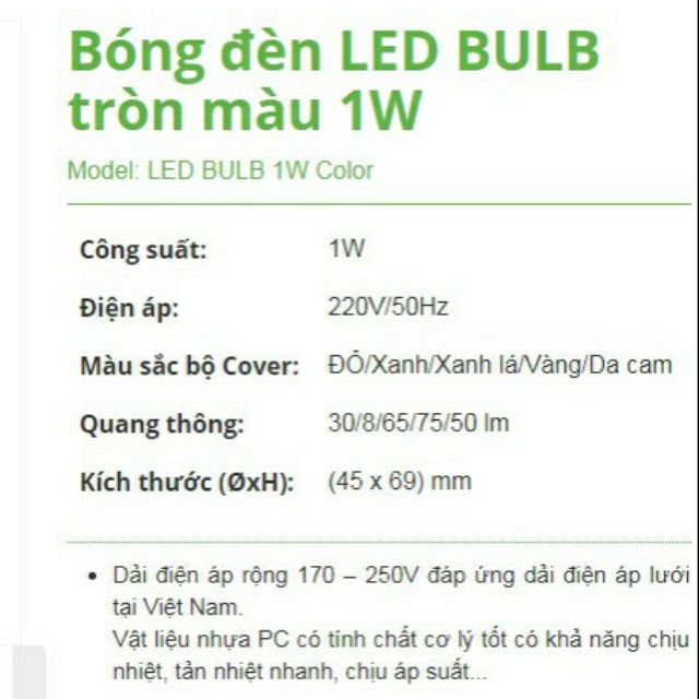 Bóng LED chanh 1W nhiều màu sắc, Hàng thương hiệu Rạng Đông uy tín, tin cậy