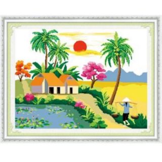 Tranh thêu chữ thập ngôi nhà bên đồng lúa chín