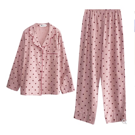 Đồ ngủ nữ dài tay họa tiết trái tim hồng phong cách Hàn Quốc 2021 mùa thu đông