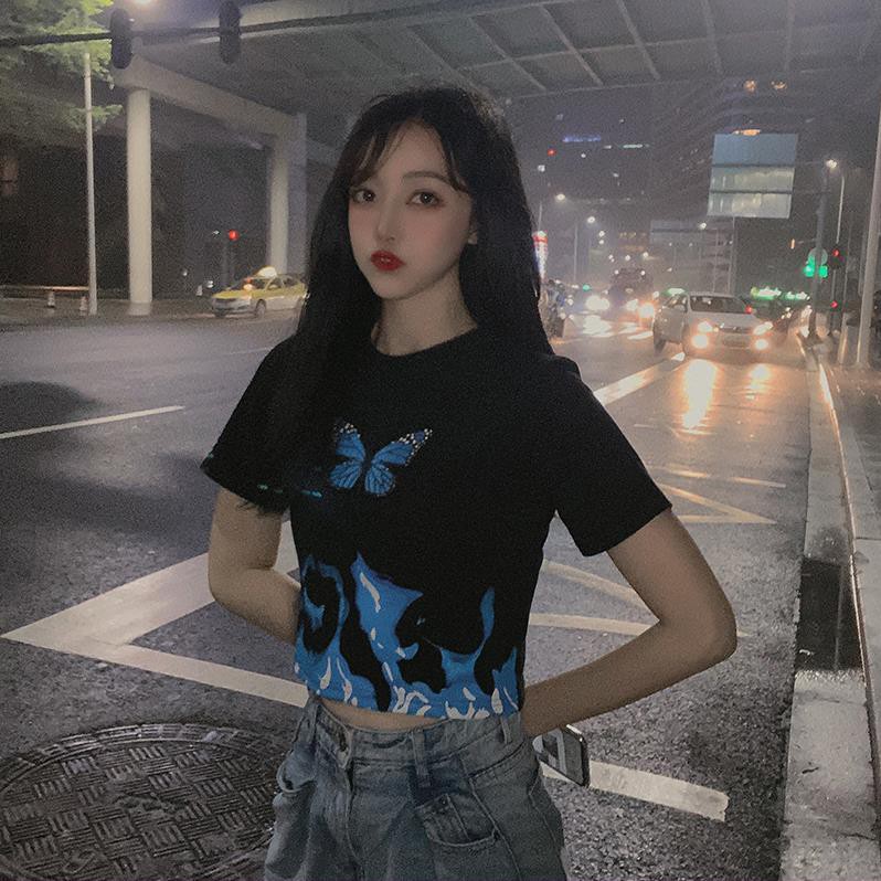 BUTTERFLY Áo Croptop Tay Ngắn Hoạ Tiết Bướm Phong Cách Vintage  ྇