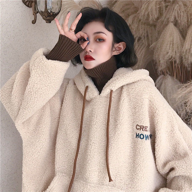 Áo hoodie nữ lông cừu form rộng cute Quảng Châu