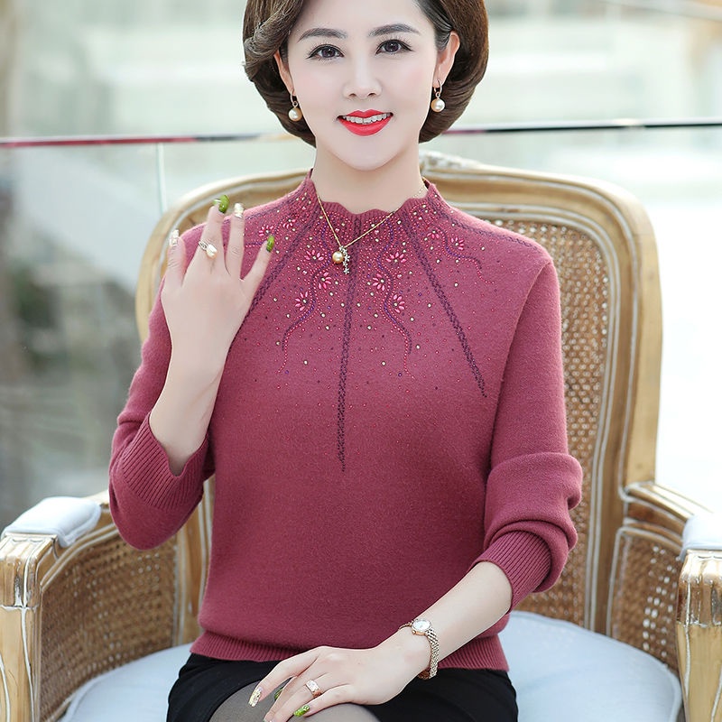 Áo len dệt kim mùa thu của phụ nữ trung niên và cao tuổi dài tay váy mẹ sơ mi