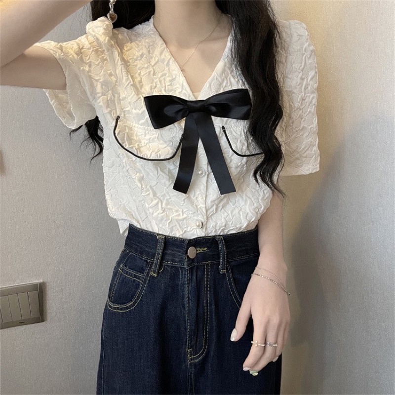 Áo Tiểu Thư Cổ V Kèm Nơ