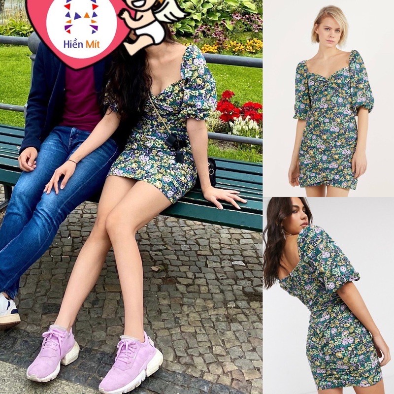 Bill Đức-Đầm váy Bershka auth new tag hoa vải cotton body ngắn tay phồng cổ trái tim form ôm