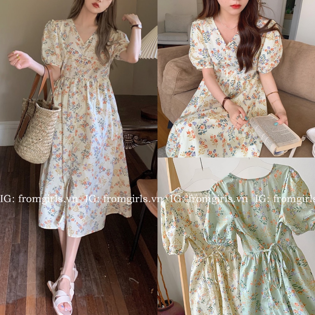 Váy hoa nhí cổ V, đầm hoa nhí vintage tay phồng xẻ trước có dây buộc eo mát mịn - V77