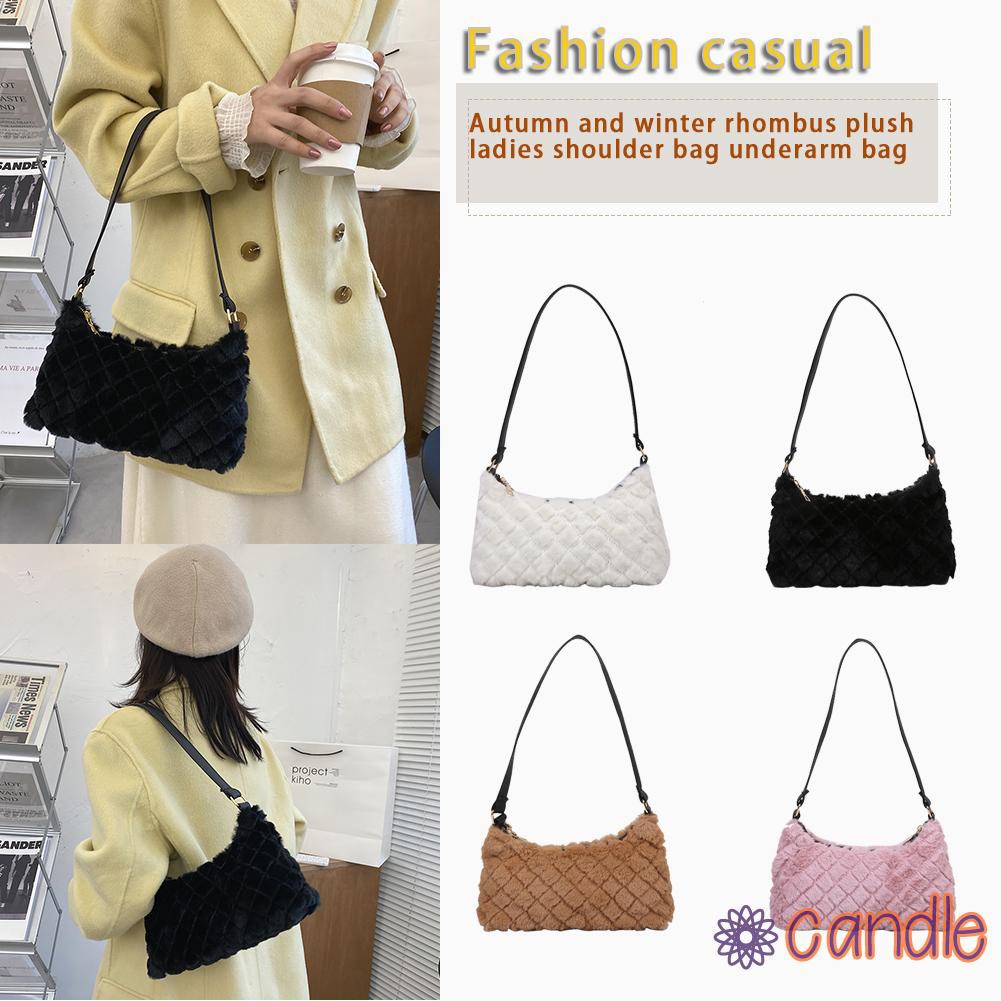 【COD】Casual Lattice Print Underarm Bag Retro Solid Plush Women Shoulder Handbag