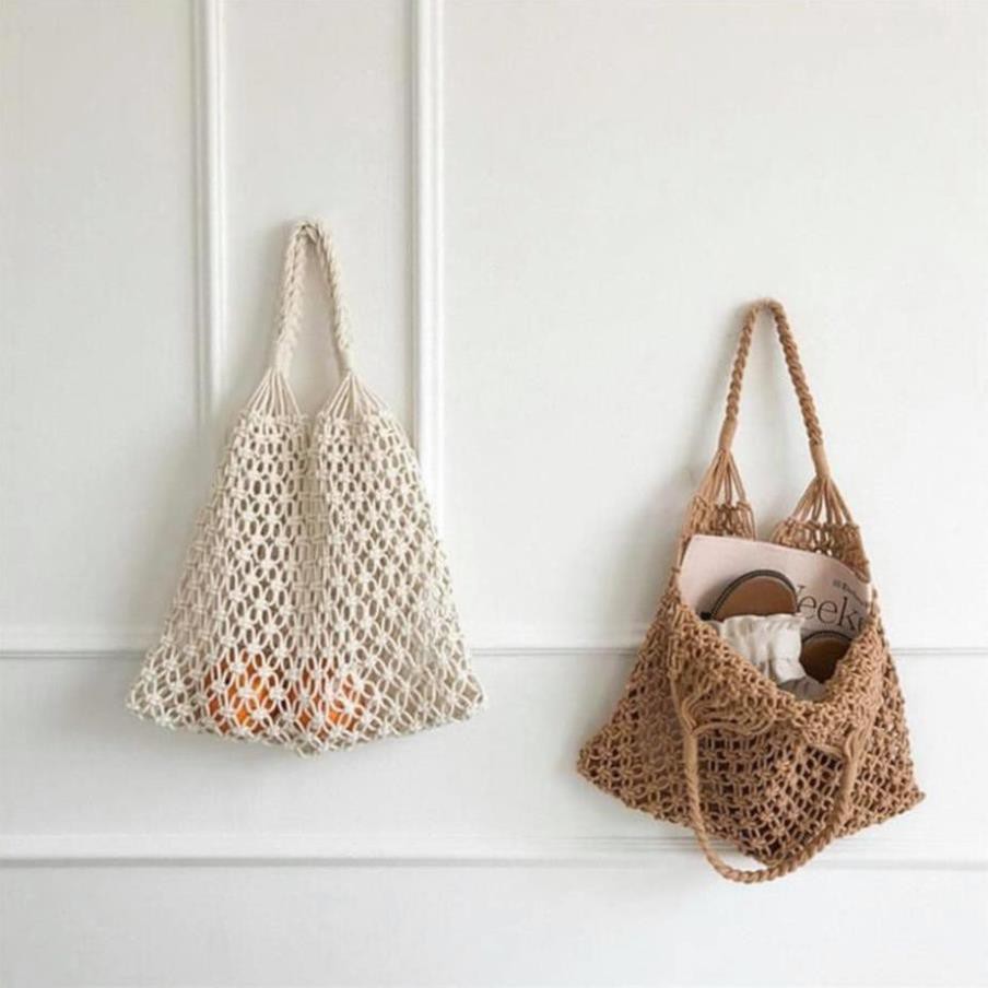 Túi lưới cá đi biển Macrame size L màu nâu Có ảnh thật