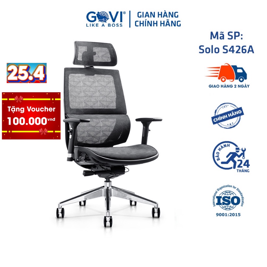 Ghế công thái học Ergonomic Solo S426A-Thiết kế tựa đầu điều chỉnh độ cao, tựa tay 3D nâng hạ, ngả lưng 90-135 độ đ