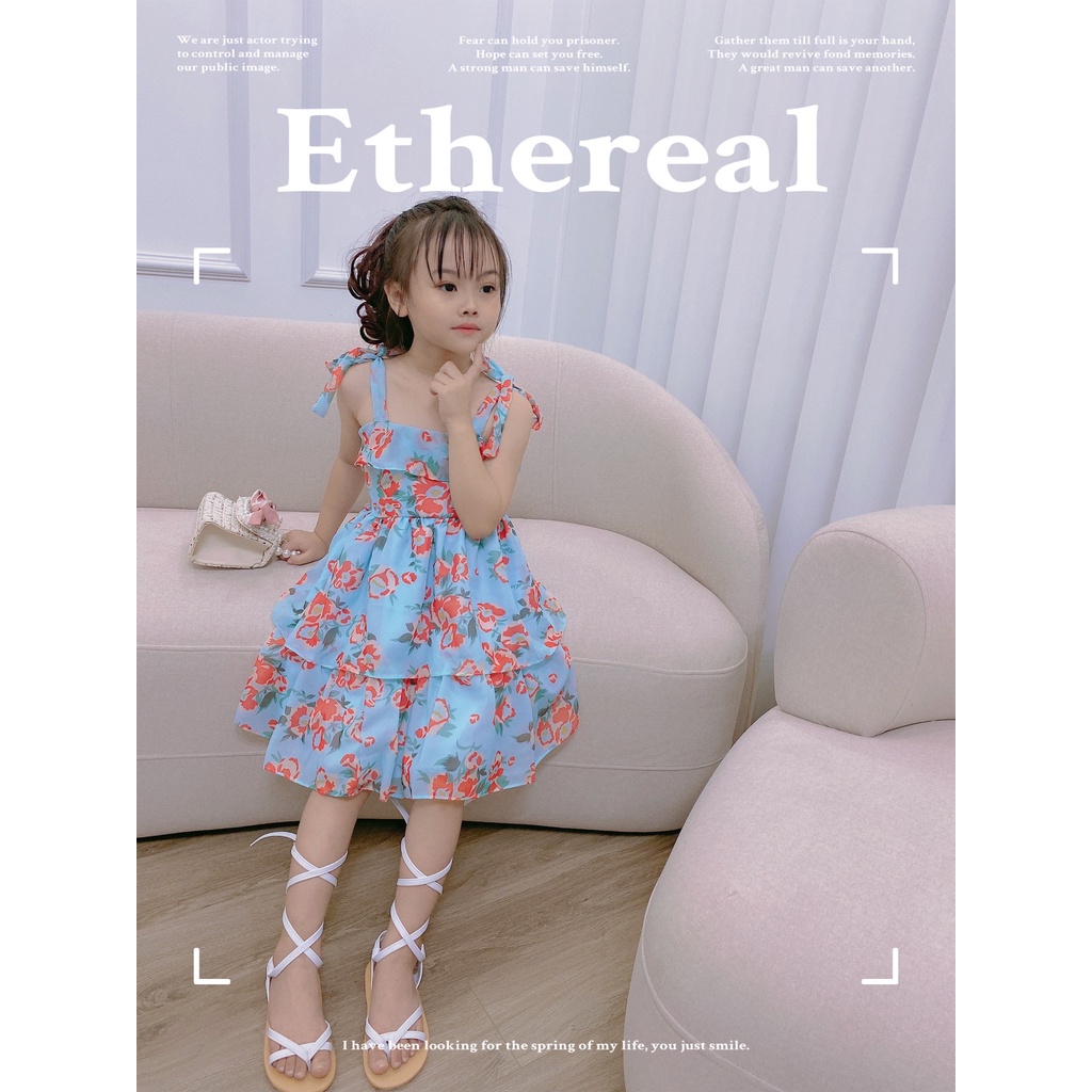 Váy công chúa bé gái, váy tơ hoa 2 dây buộc vai bèo tầng cho bé mẫu AHH2