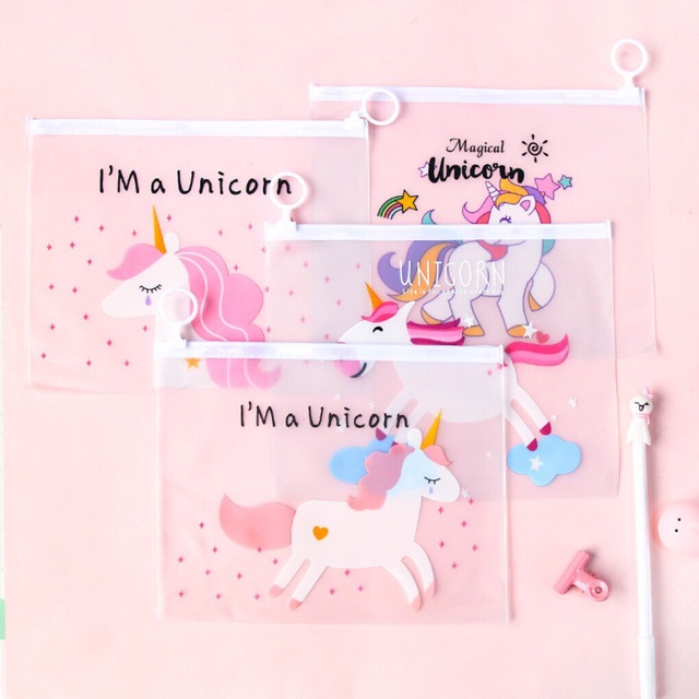 Túi zip ví chống thấm hình ngựa pony Unicorn đựng bút, mỹ phẩm size A5