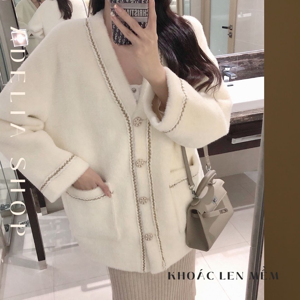 DẠ TWEED | Áo Khoác Cardigan Len Nữ Giả Dạ Tweed Cổ V Dài Tay Dày Dặn Hàng Quảng Châu, Phong Cách Hàn Quốc