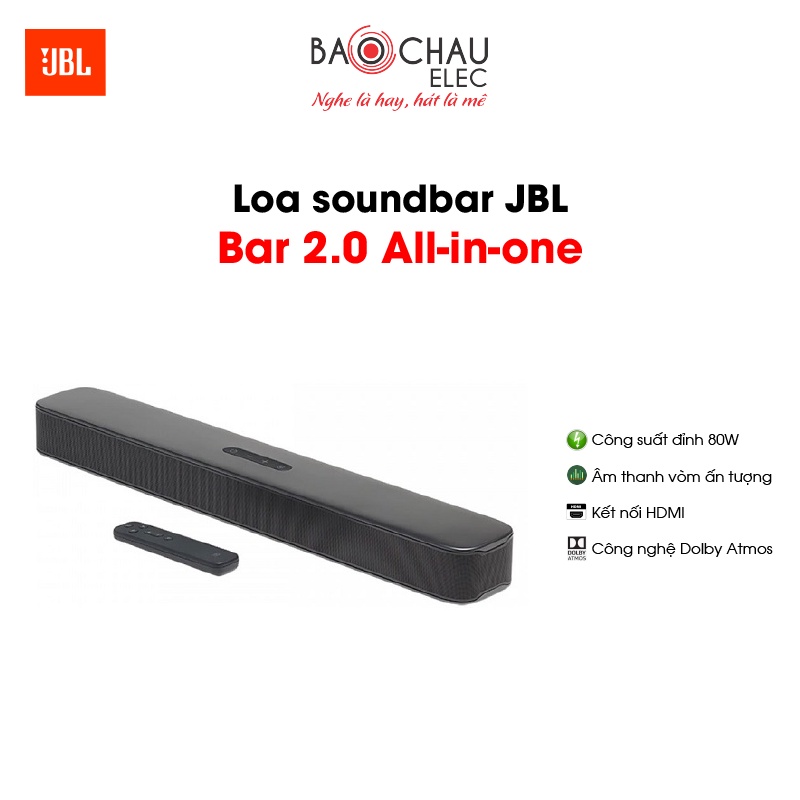 [CHÍNH HÃNG] Loa Soundbar JBL Bar 2.0 All-In-One | Công Suất 80W - Công Nghệ Dolby Atmos - Âm Thanh Vòm