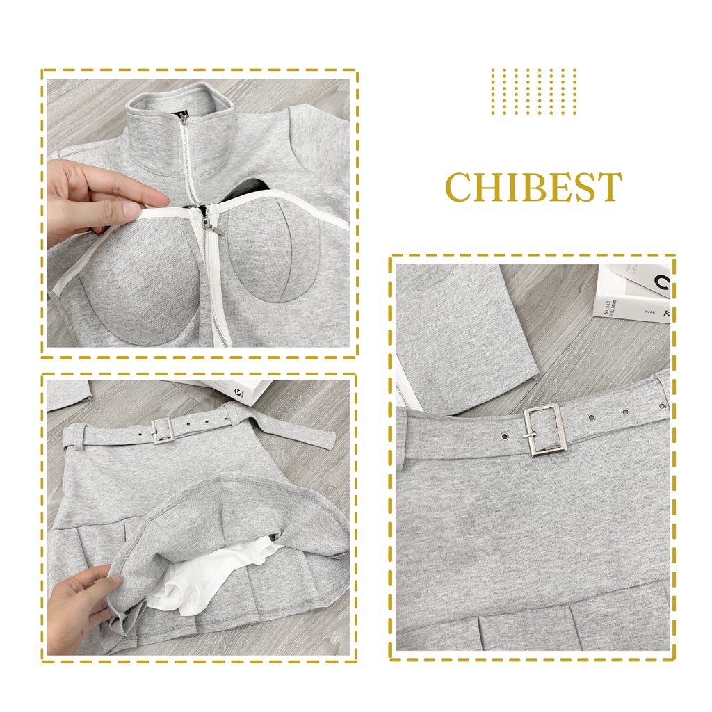 Set áo crop cut ngực khóa kéo kèm chân váy xếp ly kèm đai sexy CHIBEST 𝐋𝐒𝐁𝟗𝟏
