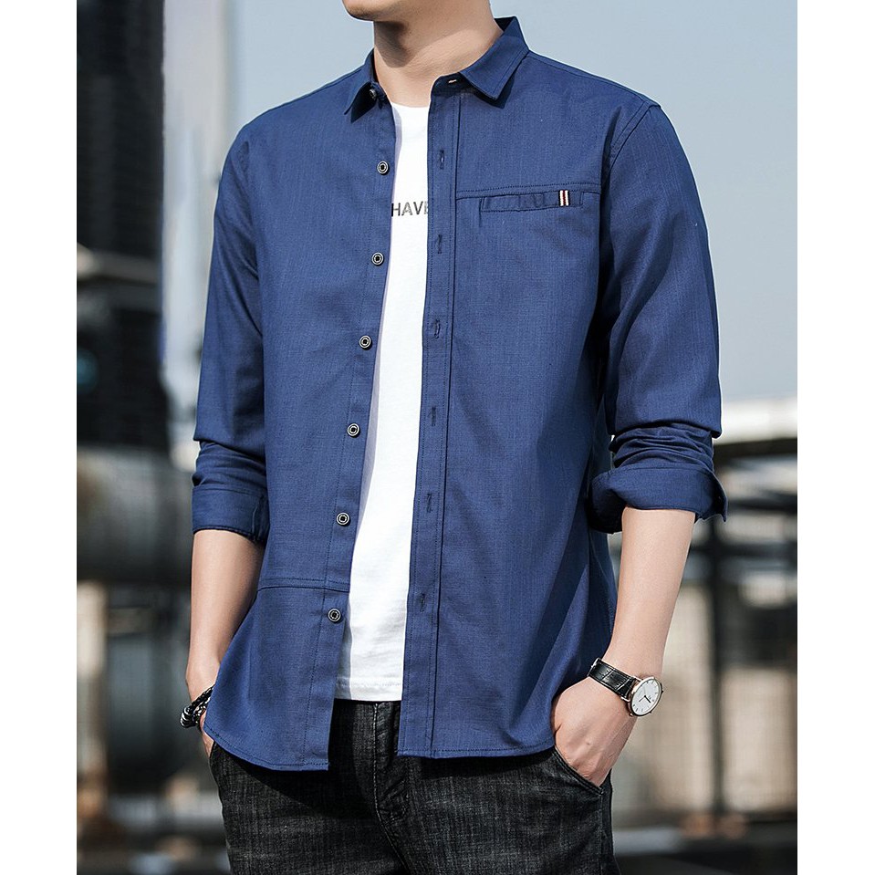 Áo Sơ Mi Nam Dài Tay Chất Đũi Xước Cổ Bẻ Cao Cấp Phong Cách Hàn Quốc XANH THAN