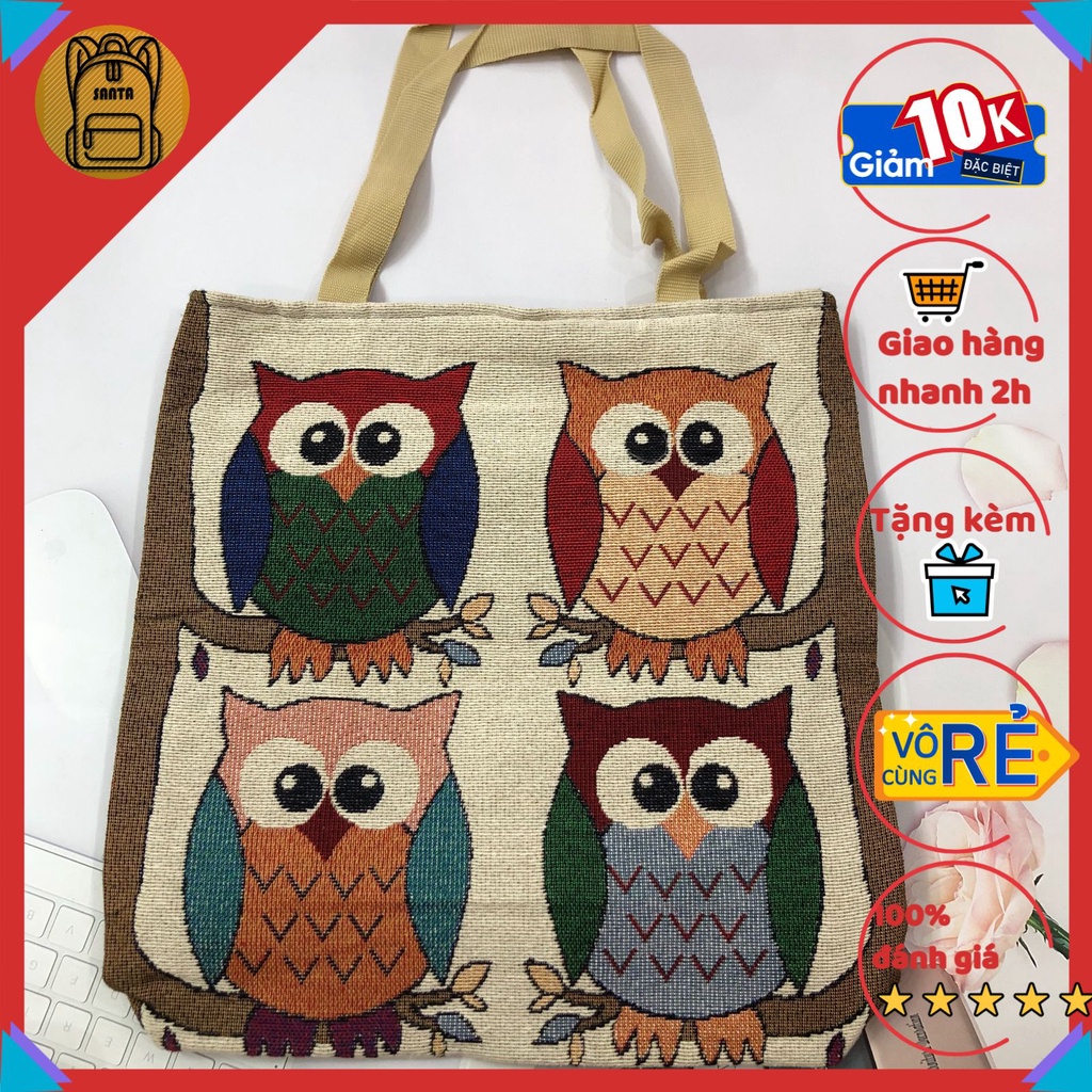 Túi thổ cẩm tote đeo vai Set kèm ví nữ hình cú, hoa văn thời trang giá rẻ, vải canvas màu sắc Vintage giá rẻ SANTA STORE