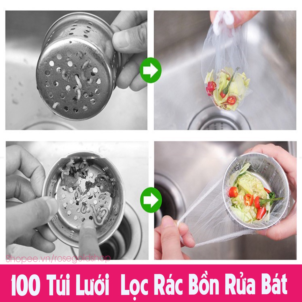 Set 100 Túi Lọc Rác Bồn Rửa Chén Bát- Hàng Loại 1-Vải Lưới Tự Phân Hủy Có Chun Miệng Túi