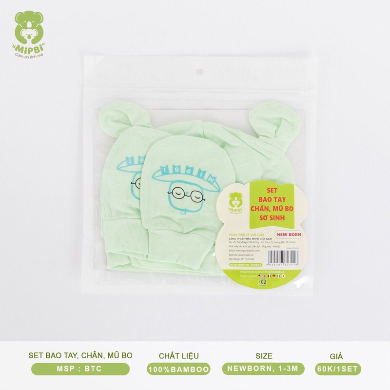 Sét bao tay chân mũ sơ sinh Mipbi 100% sợi tre cho bé 1-3m