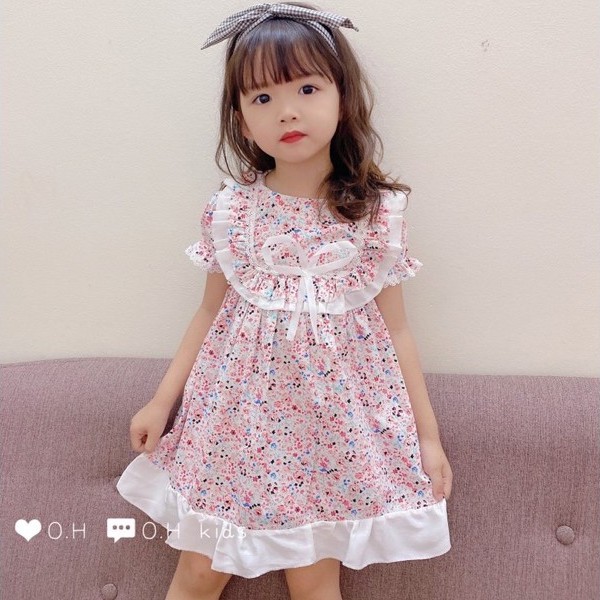 Đầm váy hoa vải voan HC22 trẻ em phối nơ tiểu thư siêu xinh dành cho bé gái 8Kg - 36Kg hàng Việt Nam xuất khẩu