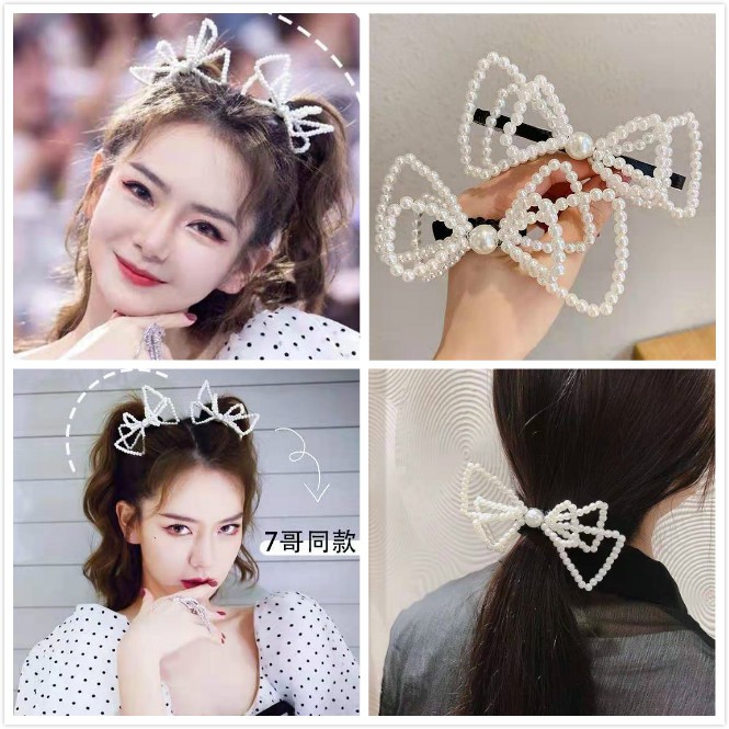 Kẹp Tóc Hình Nơ Đính Ngọc Trai Phong Cách Hàn Quốc Xinh Xắn Cho Nữ