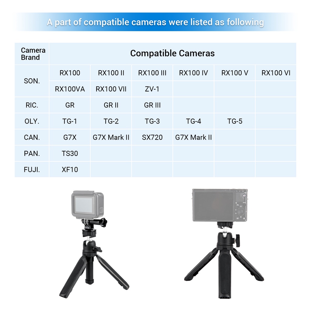 Giá đỡ ba chân JJC mini hỗ trợ 1/4"-20" thích hợp cho máy ảnh Gopro SON RX100/ RIC GR/ CAN G7X