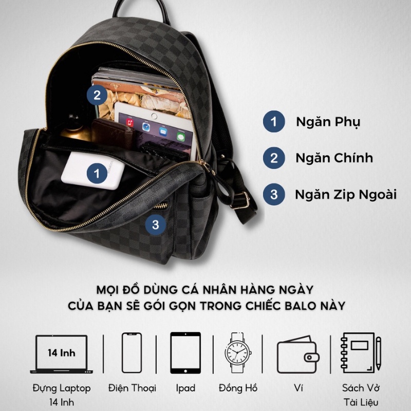 Balo da thời trang nam nữ balo lv da PU cao cấp chống nước cặp đi học đi chơi ulzzang balo đựng laptop 14 inh - MiMiBox