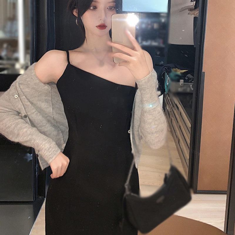 Đầm 2 dây xẻ tà màu sắc cổ điển phong cách Hàn Quốc thời trang cho nữ