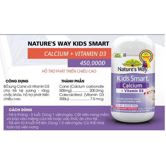 (Nk chính hãng) Viên Canxi Giúp Bé Phát Triển Chiều Cao Cho Bé Nature’s Way Kids Smart Calcium + Vitamin D3 Burstlets
