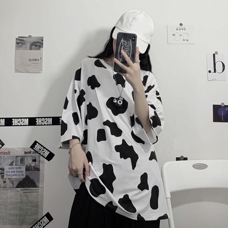 Áo Thun Cotton Hình Bò Sữa Ngắn Tay Siêu Hot 2021 - Áo Phông Nam Nữ Unisex Loang Đen Trắng