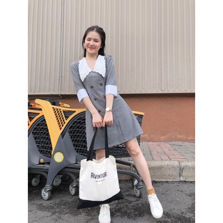 Đầm vest kaki xám xịn phối cổ hoa thêu tay lỡ dáng suông-hình thật shop chụp