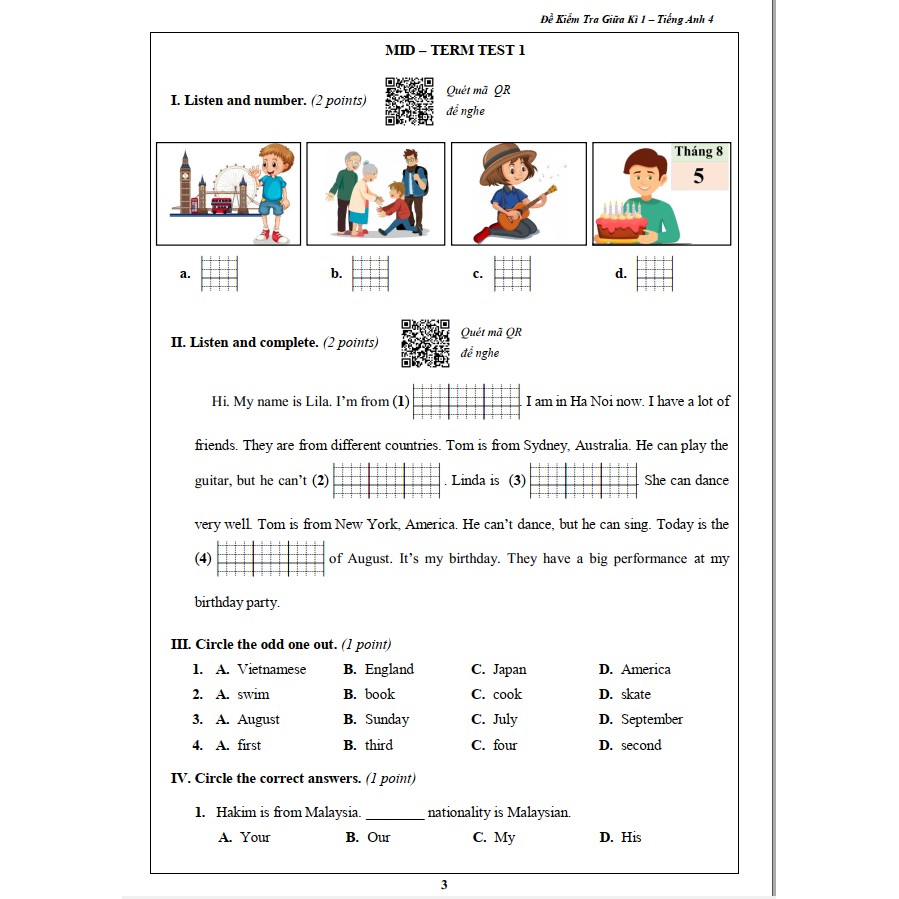 Sách - Đề Kiểm Tra Tiếng Anh 4 - Học Kì 1 (1 cuốn)