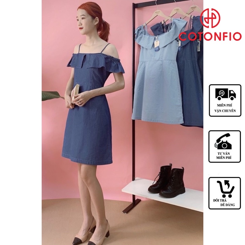 Đầm nữ hai dây bèo rớt vai nữ tính quyến rũ vải jeans cao cấp 8055 màu xanh – Cotonfio