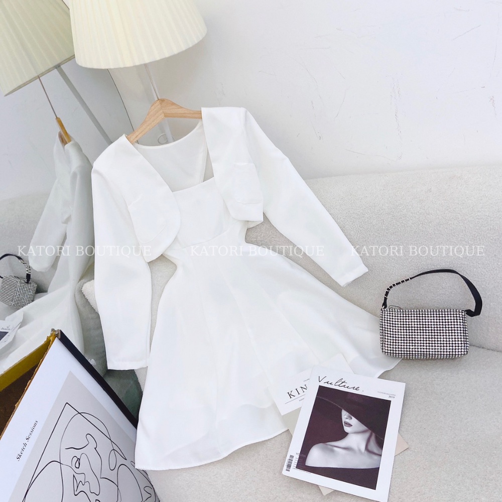 Set Đầm Trắng Xoè Kèm Khoác Crop