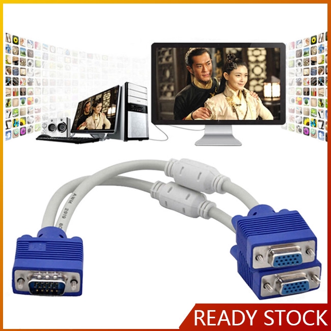 Computer to Dual Monitor VGA Splitter Cable Video 1 in 2 Out Adaptor for Computer TV Video Projector