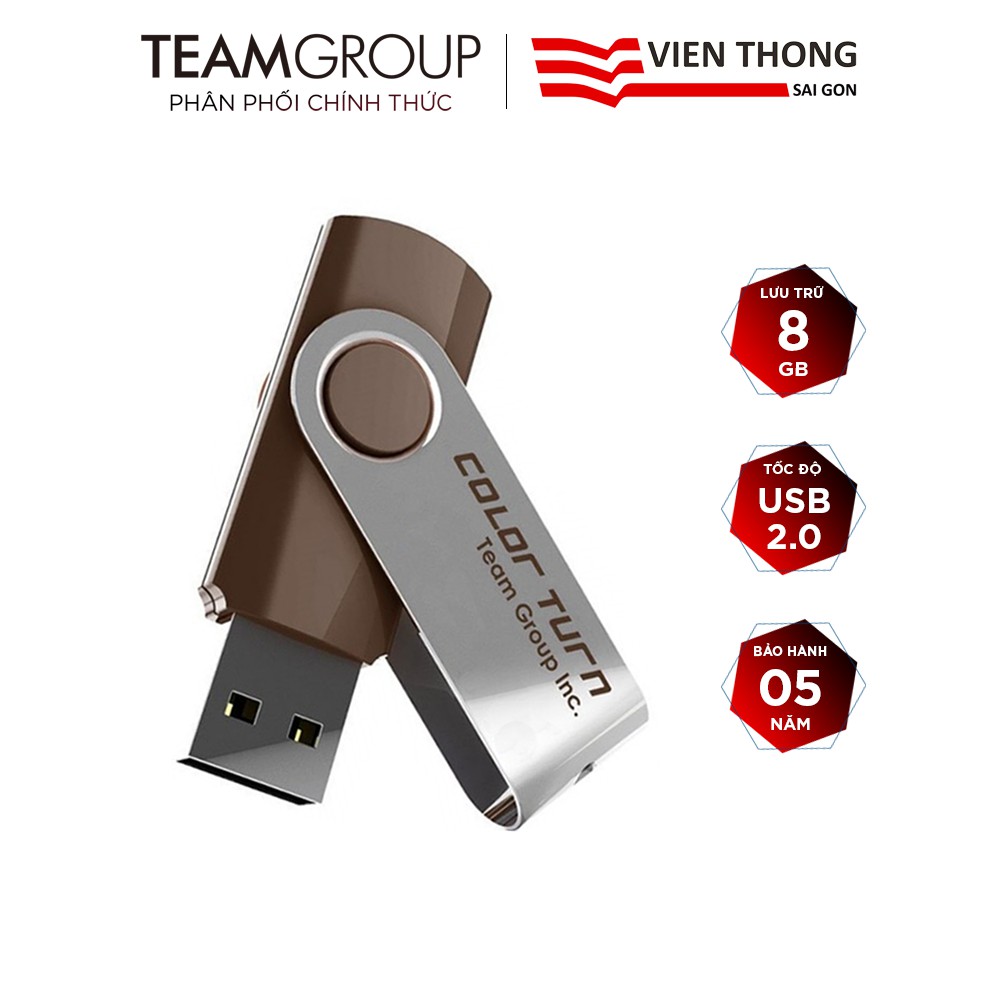 USB 2.0 Team Group E902 8GB nắp xoay 360 (Nâu) - Hãng phân phối chính thức