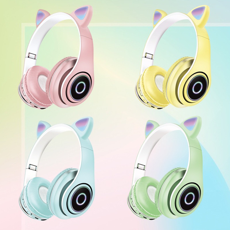 Tai Nghe Chụp Tai Bluetooth Không Dây B39M Tai Mèo Đáng Yêu Có Đèn LED