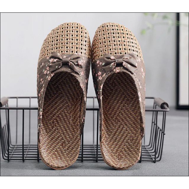 Dép Linen Thoáng Khí Trong Nhà Chống Trượt Dép Đi Biển Họa Tiết Hoa Nơ-Nút Thắt chỉ còn size 37-38
