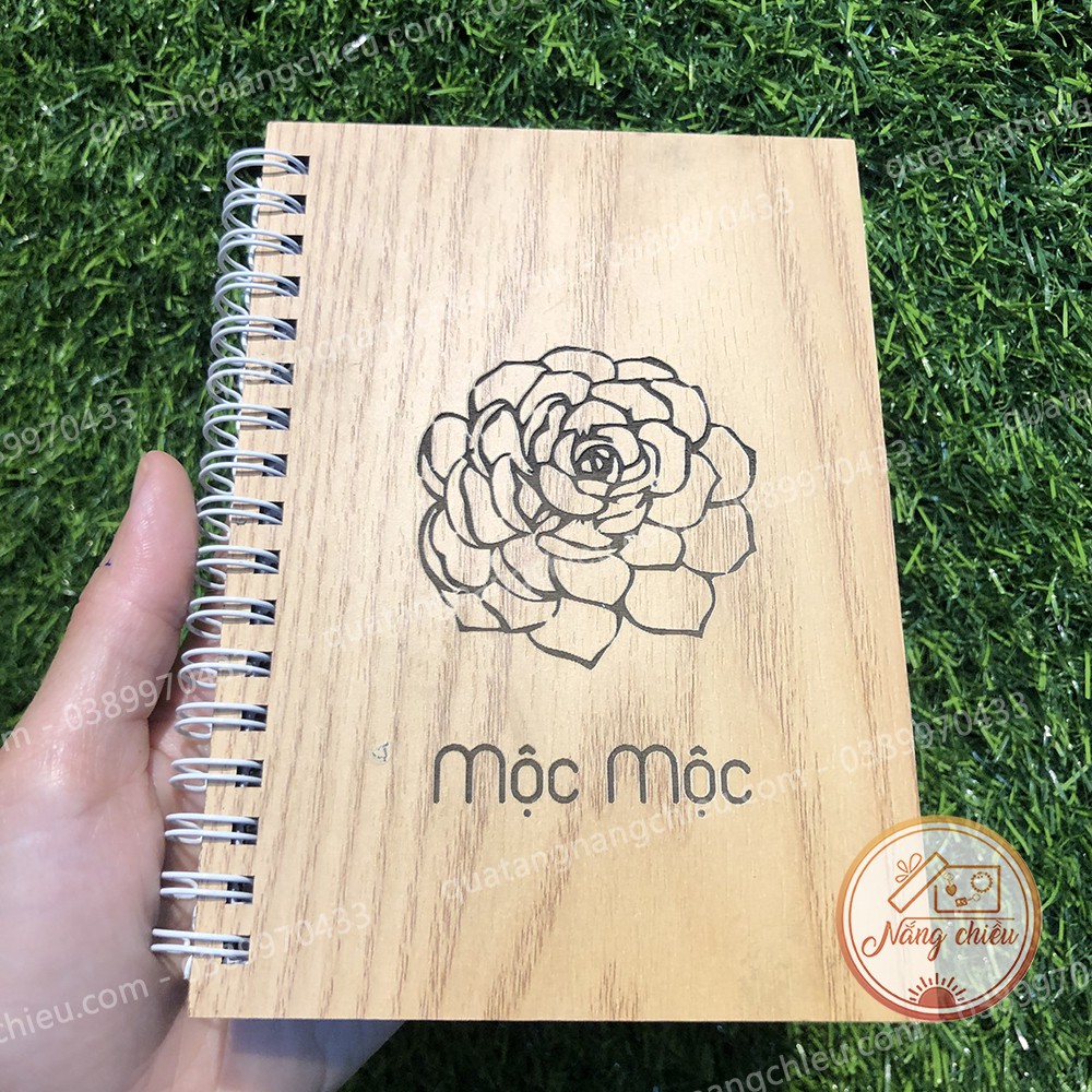 SỔ TAY BÌA GỖ HANDMADE - Sổ tay khắc hình sen đá làm quà tặng - Và khắc các hình ảnh khác theo yêu cầu