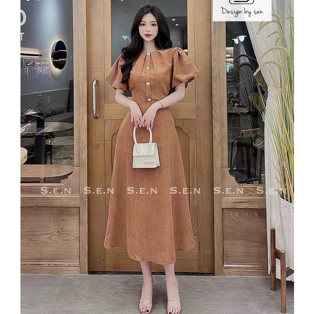 Váy dự tiệc dạ hội,đầm Maxi chữ A thiết kế tay bồng chất liệu tăm nhung sang chảnh đi làm dạo phố XM Minh Phúc