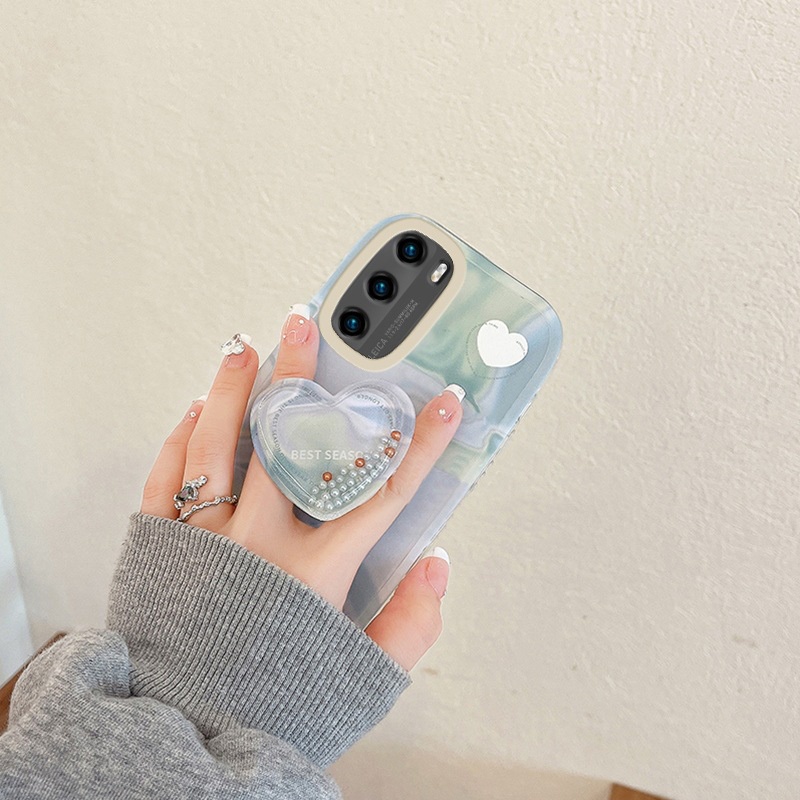 Ốp điện thoại màu xanh lá loang có giá đỡ hình trái tim kiểu Nhật Hàn cho iPhone 12 13 11promax X XR