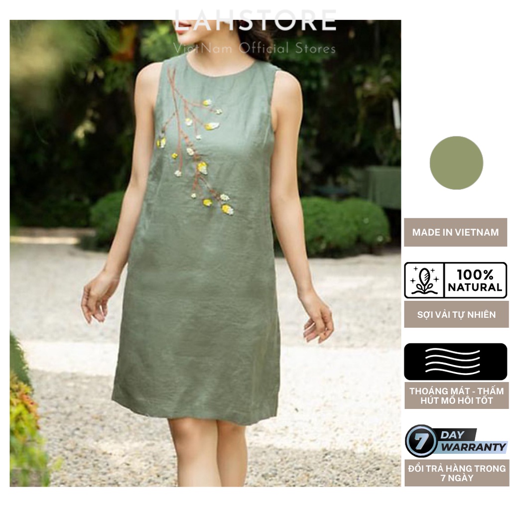 Đầm Linen Thêu Hoa Mai Dáng Suông Tay Sát Nách LAHSTORE DSL07 (Xanh Rêu)