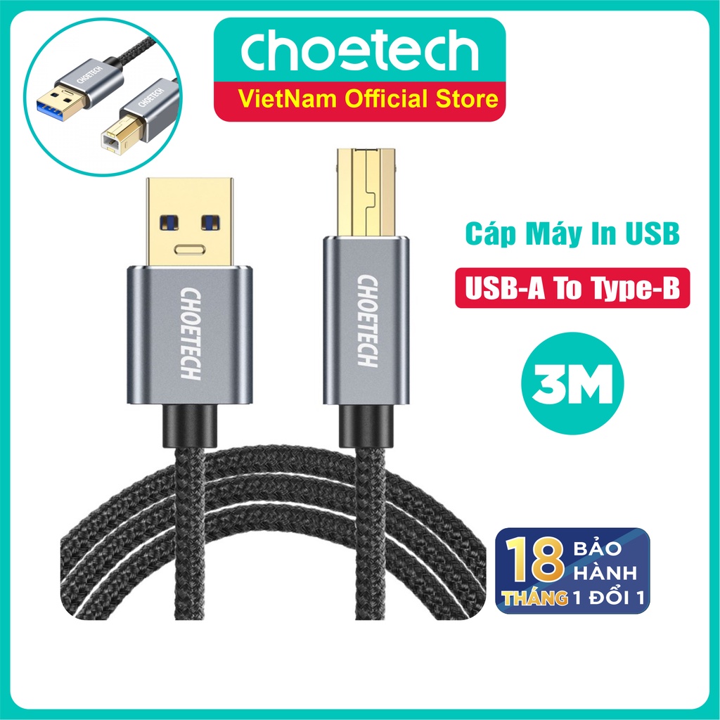 Dây Cáp Máy In USB 2.0 Từ USB-A To Type-B Dài 3M CHOETECH AB0011 - Hàng Chính Hãng