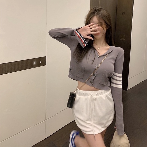 【HangFei】Áo Khoác Dệt Kim Tay Dài Dáng Ôm Hoạ Tiết Kẻ Sọc Thiết Kế Quyến Rũ