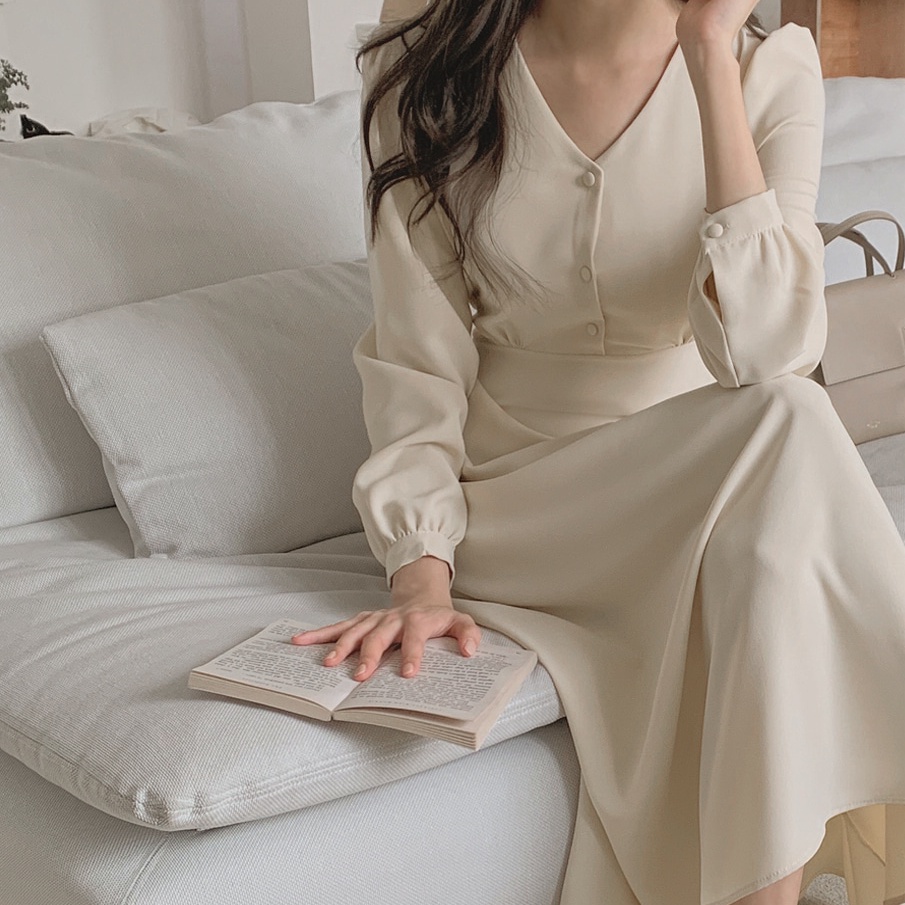 Đầm midi SUXI dài tay cổ chữ V đơn giản thời trang mùa hè cho nữ