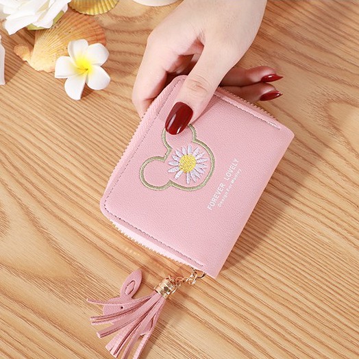 Ví Bóp Nữ Cầm Tay Thêu Hình Gấu Và Hoa Cúc Dễ Thương