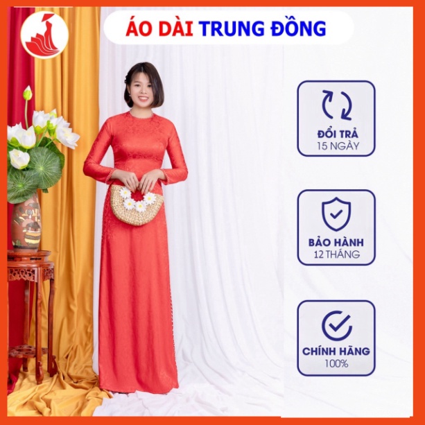 Áo dài đính kết hạt thủ công cổ thuyền chất liệu gấm cao cấp màu đỏ | Áo dài Trung Đồng