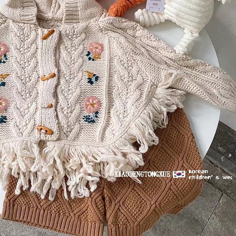 Áo Khoác Sweater Dệt Kim Tay Dài Có Mũ Trùm Thêu Hoa Kiểu Phương Tây Thời Trang Mùa Thu 2022 Cho Bé Gái